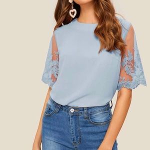 Solid Embroidered Mesh Sleeve Zip Back Blouse